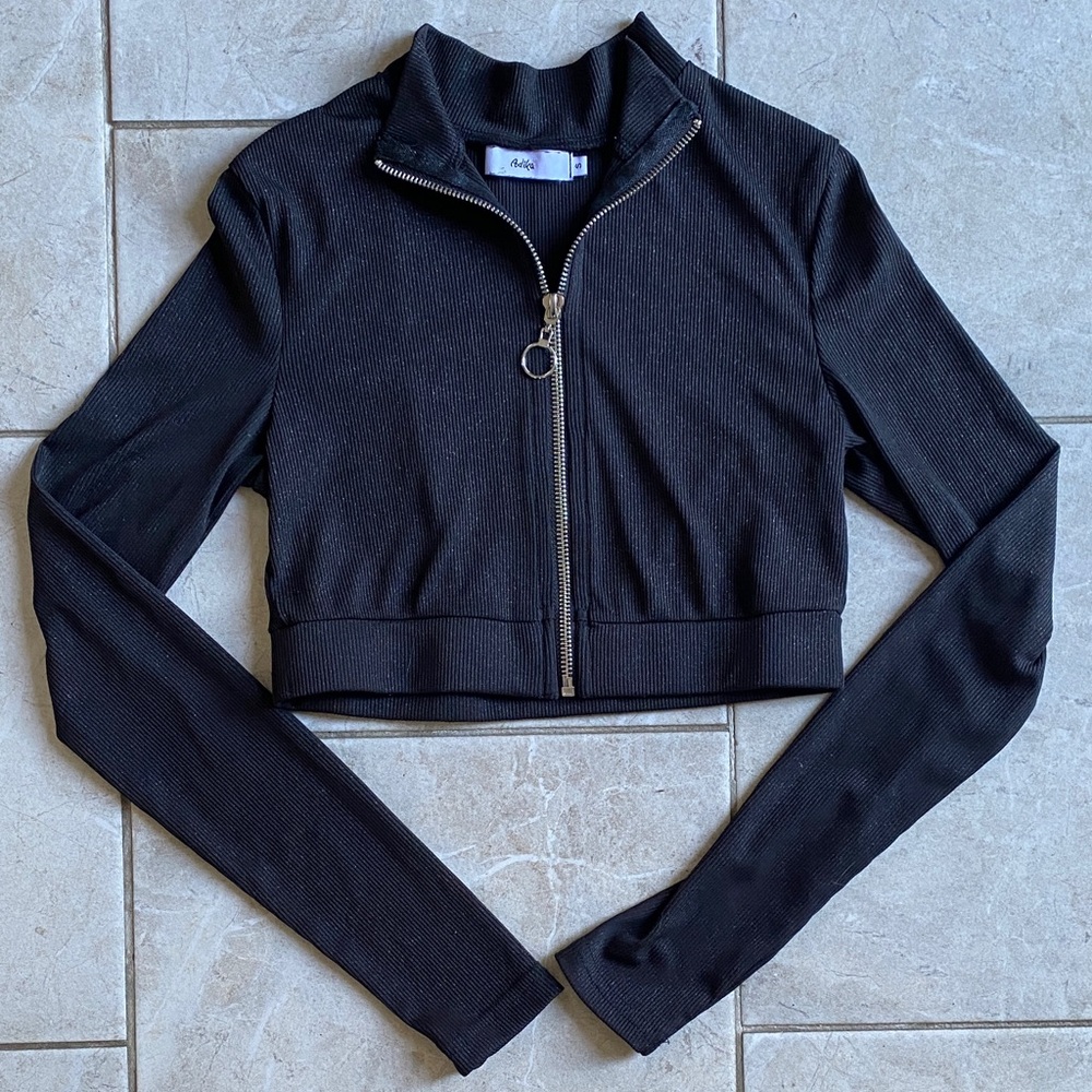Adika Black Silver Sparkly Crop Long Sleeve Zip Henley